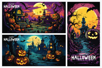 Illustrations halloween with pumpkins and haunted house character	