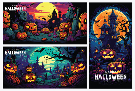 Illustrations halloween with pumpkins and haunted house character	