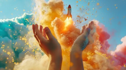 A rocket takes off from a kid's hands, and a spaceship starts flying up, launching from the child's hands and creating a colorful cloud explosion. concept creativity want to be a scientist Copy Space