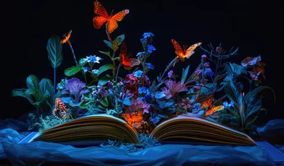 Papier Peint photo Lavable Papillons en grunge open book with butterflies and flowers sitting in the dark