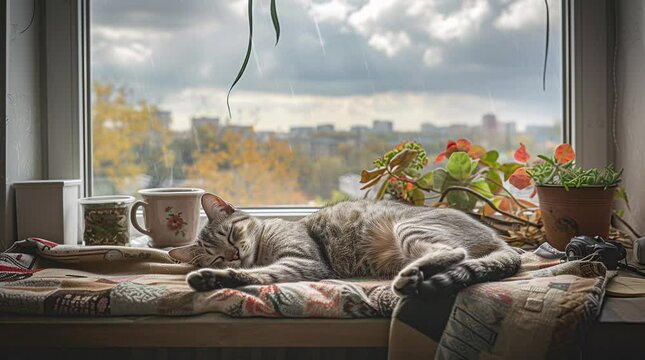 Cozy Cat Nap: Village Overlook from Window on a Serene Evening Seamless looping 4k time-lapse virtual video animation background. Generated AI