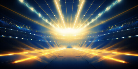 Naklejka premium Arena blue and yellow lights background, Stadium lights with ground rays