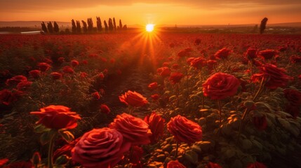 landscape view of sunrise in a rose field