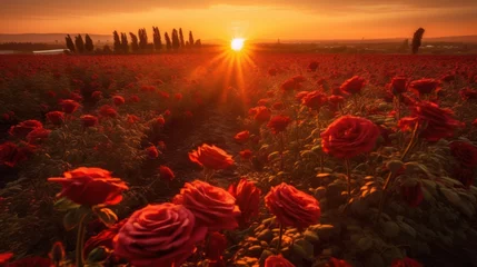 Poster landscape view of sunrise in a rose field © kucret