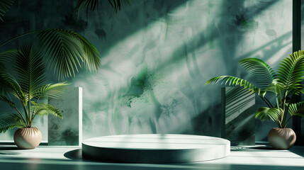 Podium beauty minimal display stage stand summer fashion abstract luxury plant. Minimal podium background texture green beauty shadow banner mockup wall stone leaf showcase cosmetic wallpaper sale art