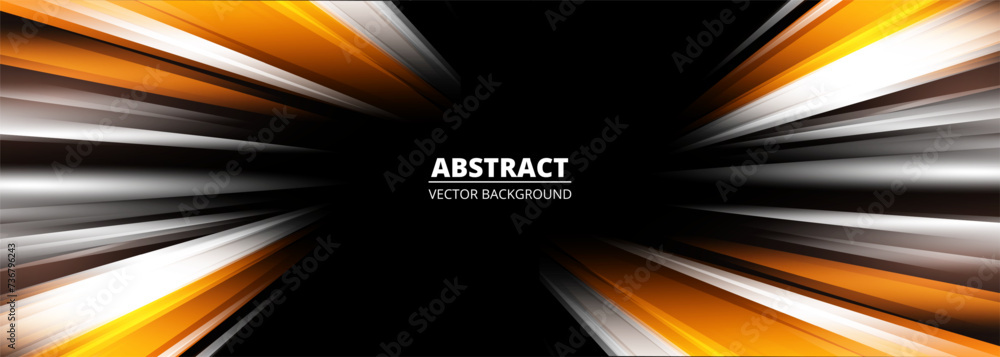 Poster Fast movement speed lights abstract background with motion effect orange and white lines. Dark wide futuristic banner. Vector illustration