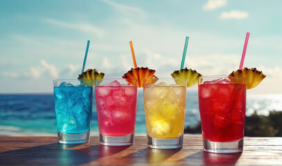 Tropical cocktail set on beautiful tropical scenery background