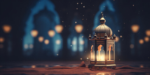 Ramadan Kareem Eid Mubarak Old Fashioned Royal Elegant Lamp with Mosque - obrazy, fototapety, plakaty