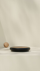 3D render of minimal podiums in black cream and wood tones arranged with Rattan Balls in portrait