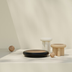 3D render of three minimal podiums in black, brown, cream, and wood tones, with Rattan Balls arranged in a square, casting shadows resembling the sun.