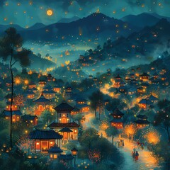 Enchanted Twilight Village: Moonlit, Starry Night with Warm Glowing Lights