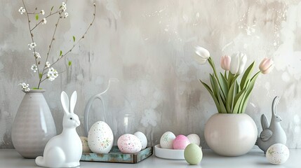 Interior design of easter dining room with colorful eggs, white hare sculptures, vase with tulips, plants, lamp, beige wall with stucco, gray hen and personal accessories. Home decor. Template