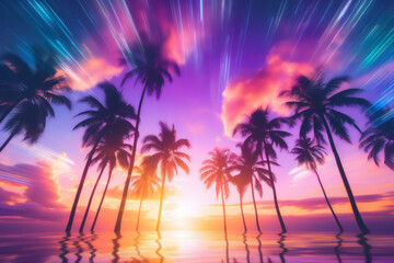 Fototapeta na wymiar Palm leaves on tropical sunset beach background. Summer and travel concept. Generative ai.