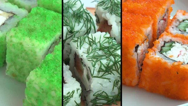 rolls and sushi spin in the frame on a split screen. Colorful rolls of rice and fish and caviar video in macro mode