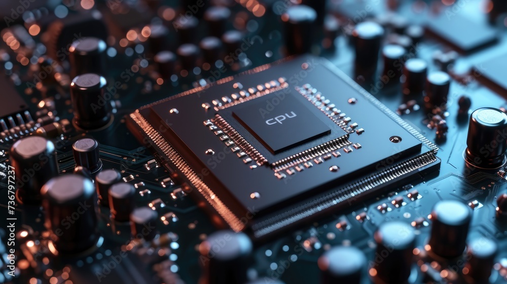 Poster high-tech electronic circuit board with powerful processor, ai generated.