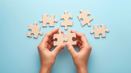 hands assemble jigsaw puzzle on pastel blue background, Ai Generated.