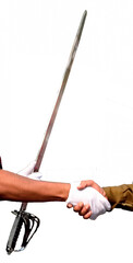 Handshake with sword on white background