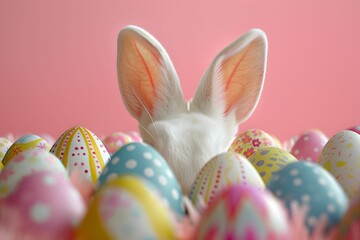 Easter Bunny Hiding Behind Colorful Eggs