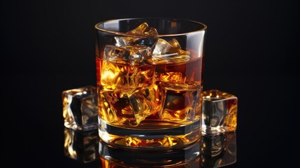 Whiskey glass, ice cubes, sleek black backdrop, Ai Generated.