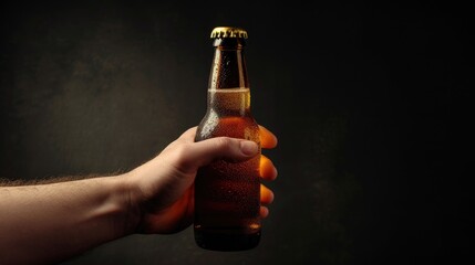 Hand holding beer bottle against dark backdrop, Ai Generated.