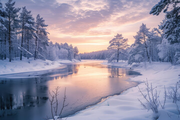 winter landscape of a frozen river or lake surrounded by snow-covered trees at sunset
