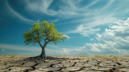 A desolate scene unfolds - dry cracked land, a dead tree echoes global warming, Ai Generated.