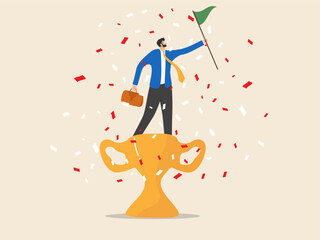 victory and business achievements, raising the flag on the victory trophy. symbolizes the achievement of leadership success and determination for career success.