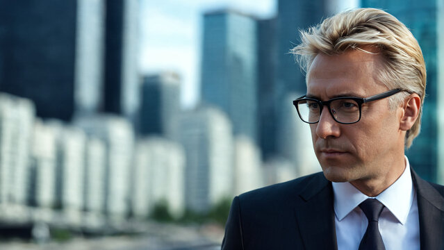 A Man In A Suit And Tie Looking Away From The Camera With A City In The Background In The Foreground