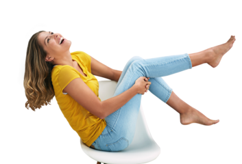 Happy, fashion and woman on chair laughing on isolated, PNG and transparent background. Humor, funny joke and person with confidence, joy and pride in trendy clothes, modern style and casual outfit