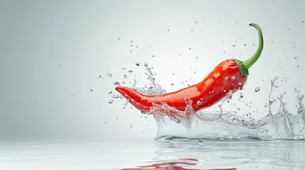 Rolgordijnen red chilli pepper flying with water splash isolated on white background. red chili water splash floating in the air © Rangga Bimantara