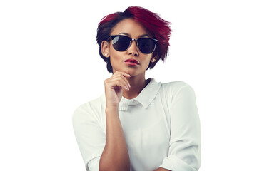 Fashion, confidence and portrait of woman with sunglasses on isolated, png and transparent...