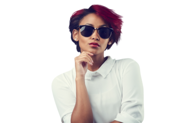Fashion, confidence and portrait of woman with sunglasses on isolated, png and transparent background. Attractive, attitude and face of person in stylish outfit, trendy accessories and casual clothes