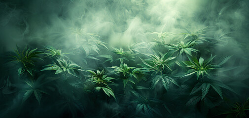 Fototapeta na wymiar cannabis plant with dark smoke background