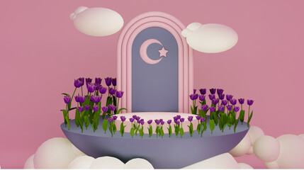 3D rendering, Ramadan themed background with natural nuances with a pink base. Simple Ramadan exhibition scene featuring an empty podium for product presentation