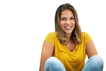 Young, woman and portrait in casual clothes with smile, relax and confident for cool style. Mexican model or happy person sitting with modern fashion isolated on a transparent and PNG background