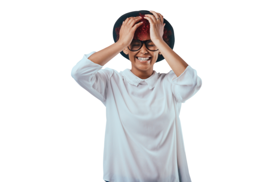 Fashion, laughing and woman with glasses happy on isolated, png and transparent background. Confidence, humor and person with red hair in stylish outfit, trendy accessories and casual clothes