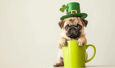 A cute pug puppy inside a mug wearing a leprechaun hat, in a minimalist modern style, focusing on...