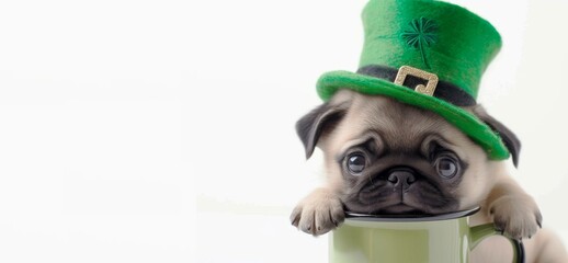 A cute pug puppy inside a mug wearing a leprechaun hat, in a minimalist modern style, focusing on...