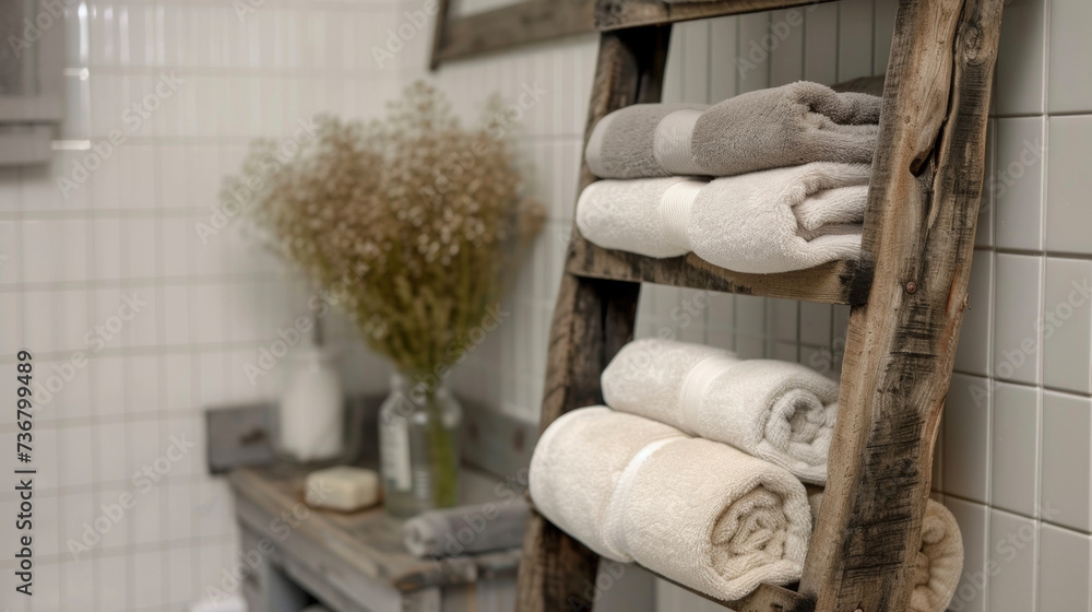 Poster an old ladder transformed into a unique and functional towel rack with each rung holding a rolled up