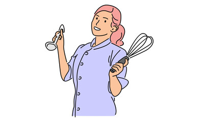 line art color of female chef vector illustration