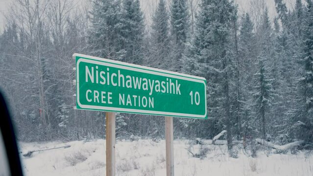Provincial Green White Highway Marker Sign for Nisichawayasihk Cree Nation NCN Indian Aboriginal Indigenous First Nations Reserve Land in Northern Manitoba Thompson Canada