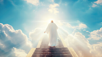 Vision of the Ascension of a human figure, Jesus in a white robe, ascending a staircase into heaven - obrazy, fototapety, plakaty