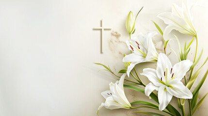 Easter concept, cross and blooming lilies , light background, flat lay, top view. Postcard template for the religious Great Holiday of Holy Easter