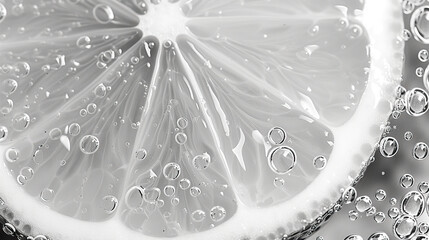 Close up of a slice of lemon with water drops on black background. Black and white colors.