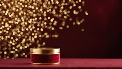 Love, Candle, Celebration: Candle on red surface beneath, soft focus golden lights create bokeh in background. Celebration card or romantic events invitation. Valentine day - obrazy, fototapety, plakaty