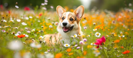 a corgi dog is laying in a field of flowers . High quality