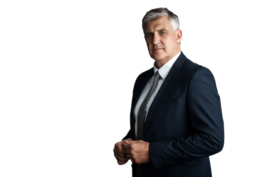 Mature businessman, portrait and confidence in work, professional and pride in startup company. Male person, entrepreneur and serious for ceo job, tough and isolated on transparent png background
