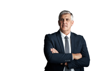 Thinking, senior and business man with crossed arms on isolated, PNG and transparent background. Professional, corporate manager and mature person with confidence, brainstorming and ideas for career