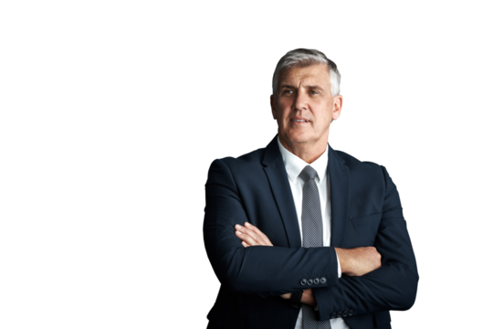 Thinking, senior and business man with crossed arms on isolated, PNG and transparent background. Professional, corporate manager and mature person with confidence, brainstorming and ideas for career - Powered by Adobe