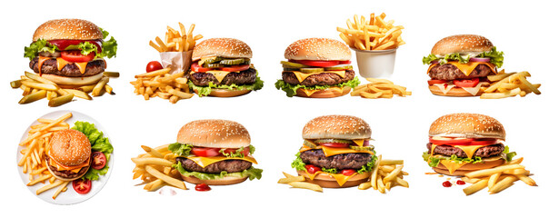 Hamburger and French Fries isolated on a transparent PNG background, white background , Generative...